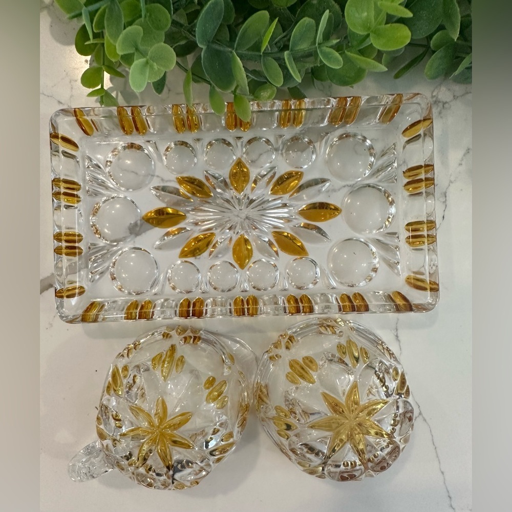 Vintage Walther Germany Cut Glass Cream and Sugar Set Yellow and Clear with Tray
